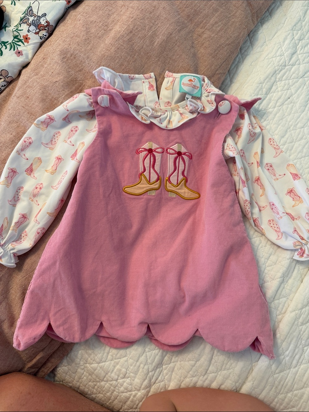 Pink Scalloped Jumper Dress with Shoe Embroidery - Kids